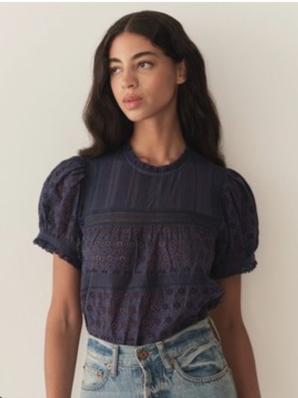 Doen Adeline Navy Embroidered Ruffle Cotton Top